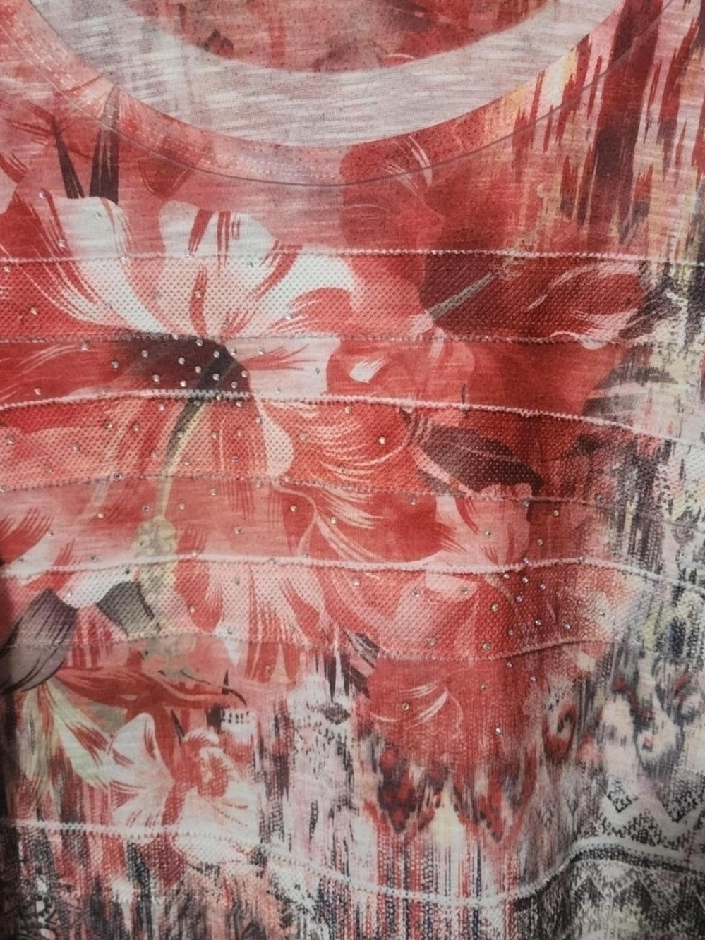 Time and Tru Coral Floral Tie-Sleeve Short Sleeve Top - Picture 2 of 5